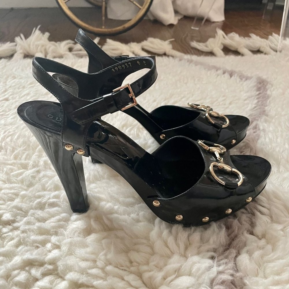 Gucci Sand Pelle Peep Toe S CUOIO Patent Leather Vernice Heels 38